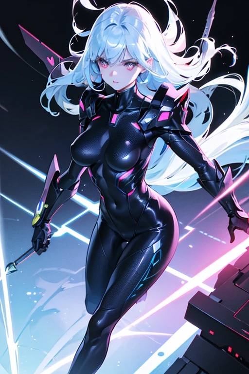 Futuristic girl in high tech combat suit, Smooth, skin-tight bodysuit, Detailed facial features, Sharp Eye, Elegant pose, Advanced Machinery, Neon Light, Metallic accents, Cinema Lighting, Vibrant colors, Dramatic atmosphere, Ultra-detailed, 8k, Shoulder Bare, Exposed Skin, Realistic、Exposed breasts、