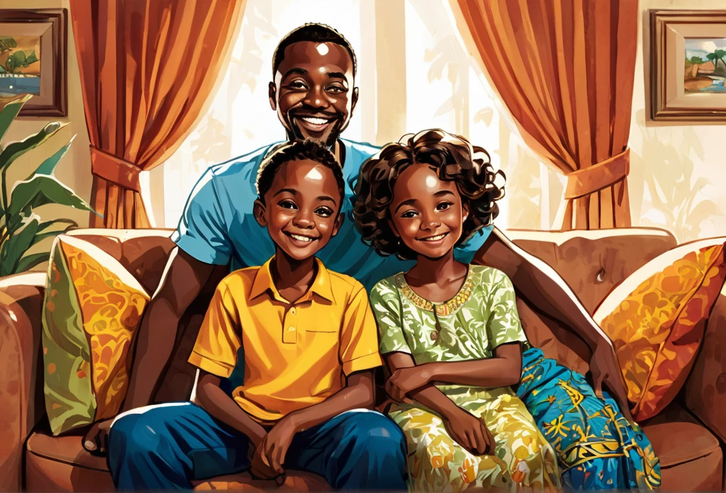 A family of 3, father, mother, a six years old boy sitting in the middle, on a couch together, smiling, family, casual dress, Indoor.
African (masterpiece best quality:1.2) delicate illustration ultra-detailed, illustrations, bright, colourful,