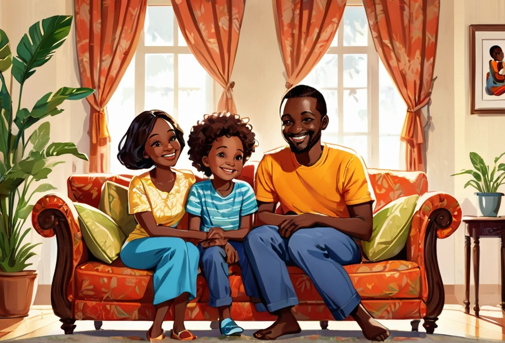 A family of 3, father, mother, a six years old boy sitting in the middle, on a couch together, smiling, family, casual dress, Indoor.
African (masterpiece best quality:1.2) delicate illustration ultra-detailed, illustrations, bright, colourful,