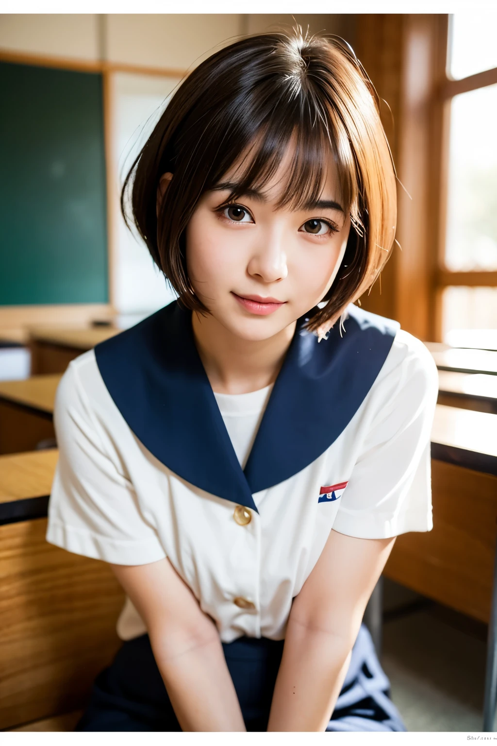 Highest quality, Face Focus, Soft Light, Ultra-high resolution, (Realistic:1.4), RAW Photos, 1 Japanese girl, alone, cute, (A shy smile:0.5), (Brown eyes, Light in your eyes), Beautiful face in every detail, (Small box),(High resolution detail of human skin texture), (Short Bob Hair), break, In the classroom,Navy uniform, Best, skirt