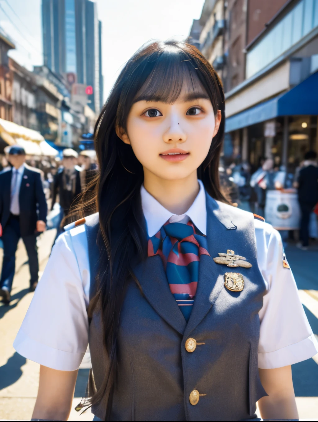 1 person,uniform,Upper Body,street， Cosplay,photograph,(crowd:1.1), (8k, RAW photograph, Highest quality, masterpiece:1.2), (Realistic, photograph-Realistic:1.37)