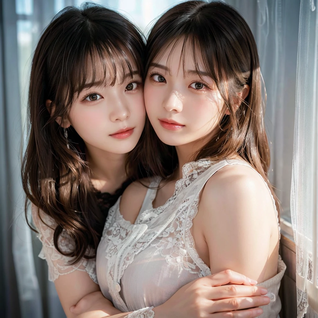 Two beautiful girls,Cheek to cheek，Embrace each other,(Highest quality,masterpiece:1.3,超High resolution),(Very detailed,Caustics,8k),(Realistic:1.4,RAW shooting),Super detailed, 超High resolution,, Rembrandt Lighting,Ray Tracing,Detailed skin texture,  Two Girls,18-year-old,Japanese,黒いLong Hair,耳前にLong Hair, (Long Hair:1.2), (Wavy Hair:1.2), (鈍いbangs:1.2), Chest-up shot,Ultra high definition 8K,Highest quality,Very detailedな,masterpiece,Realistic,Rich details,Photographic realism,Very detailedな環境,Very detailedな照明,Very detailedな詳細,,Detailed skin texture,Scattered under the surface,(blush:0.5),Photographic works,A slightly sad expression,Beautiful, shining lips, Detailed face、 bangs, Hair between the eyes, (Tangled in lace curtains:1.5),Looking into the camera,Top view angle,,Natural light, masterpiece, Highest quality, High resolution, ,(Face Focus:1.1),(Face close-up:1.1),Sunset