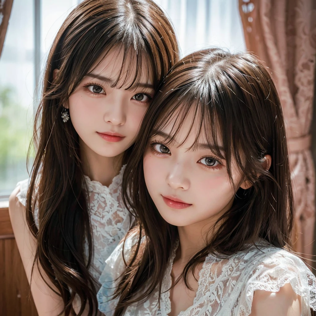Two beautiful girls,Cheek to cheek,Embrace each other,(Highest quality,masterpiece:1.3,超High resolution),(Very detailed,Caustics,8k),(Realistic:1.4,RAW shooting),Super detailed, 超High resolution,, Rembrandt Lighting,Ray Tracing,Detailed skin texture, Two Girls,18-year-old,Japanese,黒いLong Hair,耳前にLong Hair, (Long Hair:1.2), (Wavy Hair:1.2), (鈍いbangs:1.2), Chest-up shot,Ultra high definition 8K,Highest quality,Very detailedな,masterpiece,Realistic,Rich details,Photographic realism,Very detailedな環境,Very detailedな照明,Very detailedな詳細,,Detailed skin texture,Scattered under the surface,(blush:0.5),Photographic works,A slightly sad expression,Beautiful, shining lips, Detailed face、 bangs, Hair between the eyes, (Tangled in lace curtains:1.5),Looking into the camera,Top view angle,,Natural light, masterpiece, Highest quality, High resolution, ,(Face Focus:1.1),(Face close-up:1.1),Sunset