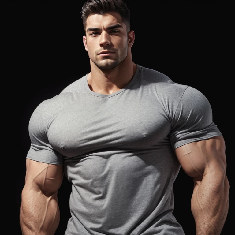 a young and very handsome, massively muscular man, with massively large muscles, with massively large biceps, with massively large arms, shirtless, holding a gray shirt, on a black background