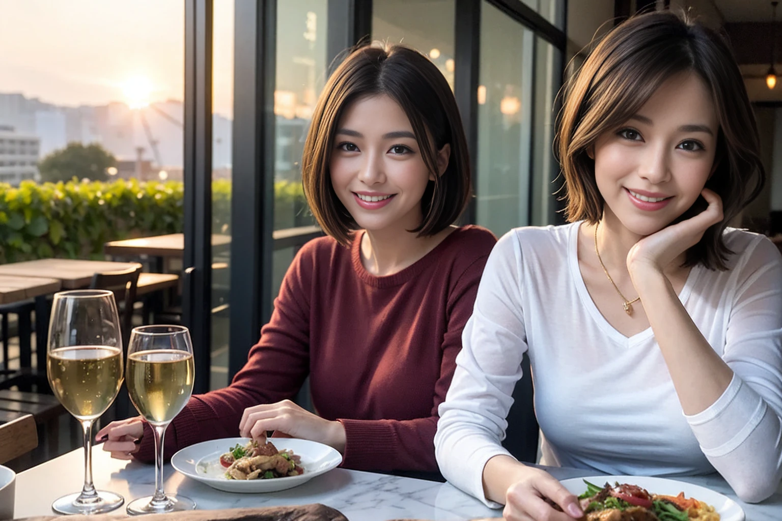 （Realistic:1.1）,(masterpiece,Highest quality)，8k,(56 years old), 53 years old, ベリーslimボディ、slimカップル、Tight waist,Upper Body,full-course dinner、wine 、Amazing view of the sunset sky and clouds、Perfect Anatomy, Brown Hair, short hair,Random Hairstyles,((Highly detailed face and eyes:1.2))，Perfect golden ratio face，Long sleeve shirt、dress,(smile:1.2)、Shortcuts、cute、(Realistic, Intricate details:1.2), A bright smile、short hair,Bright Face、赤wine 、Appetizers、Italian food、wine bottle、Champagne、スパークリングwine、(slimな顔), (The body is slim), (Brown Hair), (Shortcuts),  Upper Body, 白wine, slim, wineグラス, 