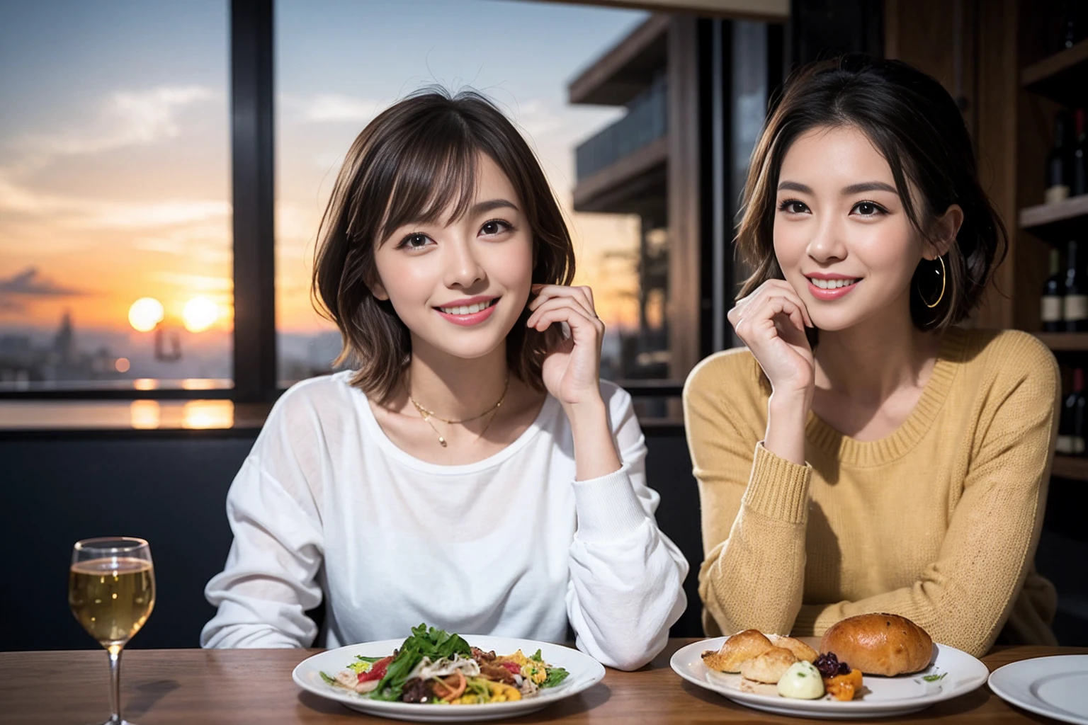 (Realistic:1.1),(masterpiece,Highest quality),8k,(56 years old), 53 years old, ベリーslimボディ、slimカップル、Tight waist,Upper Body,full-course dinner、wine 、Amazing view of the sunset sky and clouds、Perfect Anatomy, Brown Hair, short hair,Random Hairstyles,((Highly detailed face and eyes:1.2)),Perfect golden ratio face,Long sleeve shirt、dress,(smile:1.2)、Shortcuts、cute、(Realistic, Intricate details:1.2), A bright smile、short hair,Bright Face、赤wine 、Appetizers、Italian food、wine bottle、Champagne、スパークリングwine、(slimな顔), (The body is slim), (Brown Hair), (Shortcuts), Upper Body, 白wine, slim, wineグラス,
