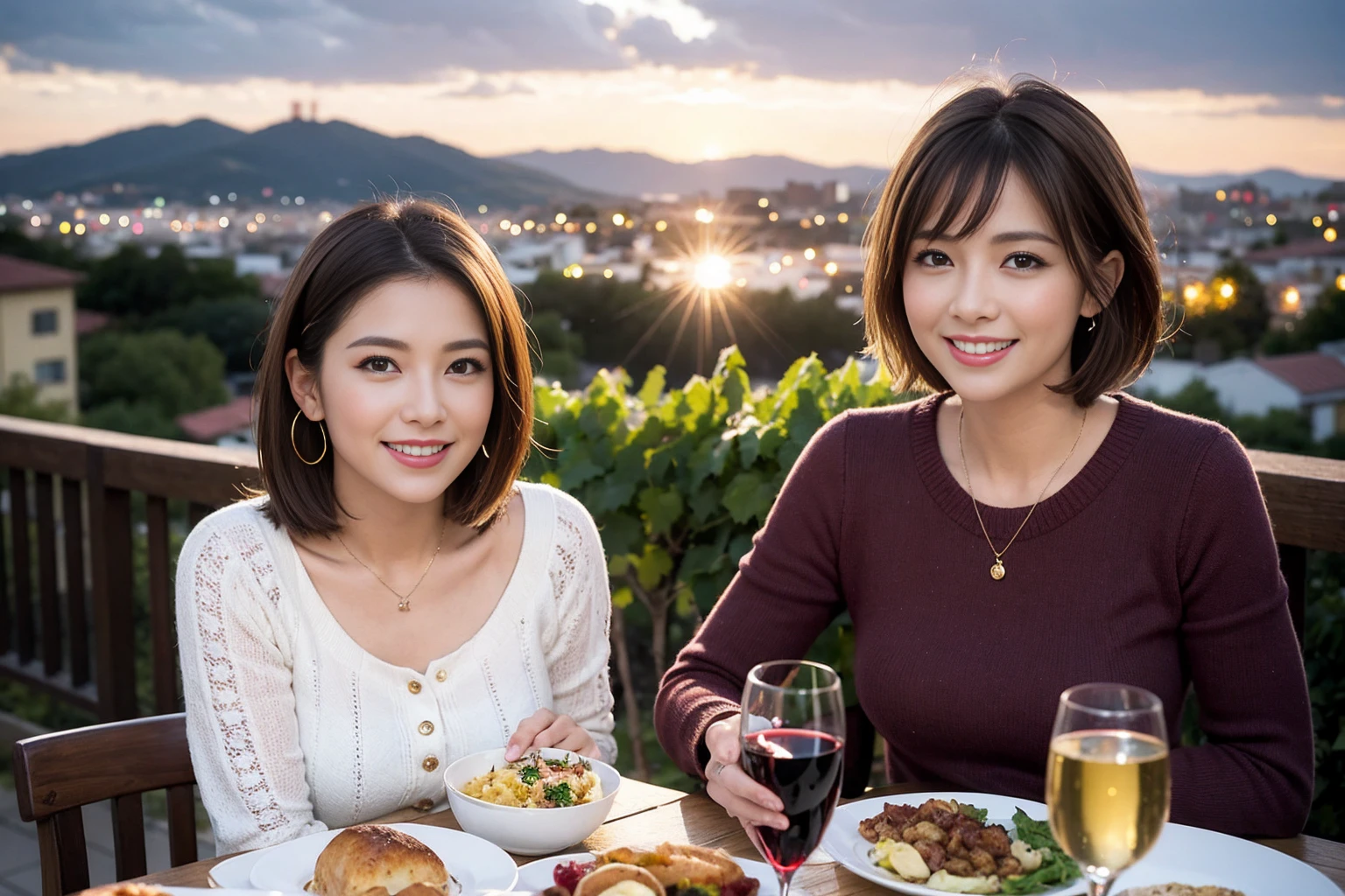 （Realistic:1.1）,(masterpiece,Highest quality)，8k,(56 years old), 53 years old, ベリーslimボディ、slimカップル、Tight waist,Upper Body,full-course dinner、wine 、Amazing view of the sunset sky and clouds、Perfect Anatomy, Brown Hair, short hair,Random Hairstyles,((Highly detailed face and eyes:1.2))，Perfect golden ratio face，Long sleeve shirt、dress,(smile:1.2)、Shortcuts、cute、(Realistic, Intricate details:1.2), A bright smile、short hair,Bright Face、赤wine 、Appetizers、Italian food、wine bottle、Champagne、スパークリングwine、(slimな顔), (The body is slim), (Brown Hair), (Shortcuts),  Upper Body, 白wine, slim, wineグラス, 
