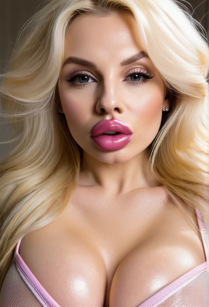 Blonde woman with big inflated lips in tight transparent bra shows me her huge puffy breasts, big lips, glossy lips, fat lips, big mouth, fake big lips