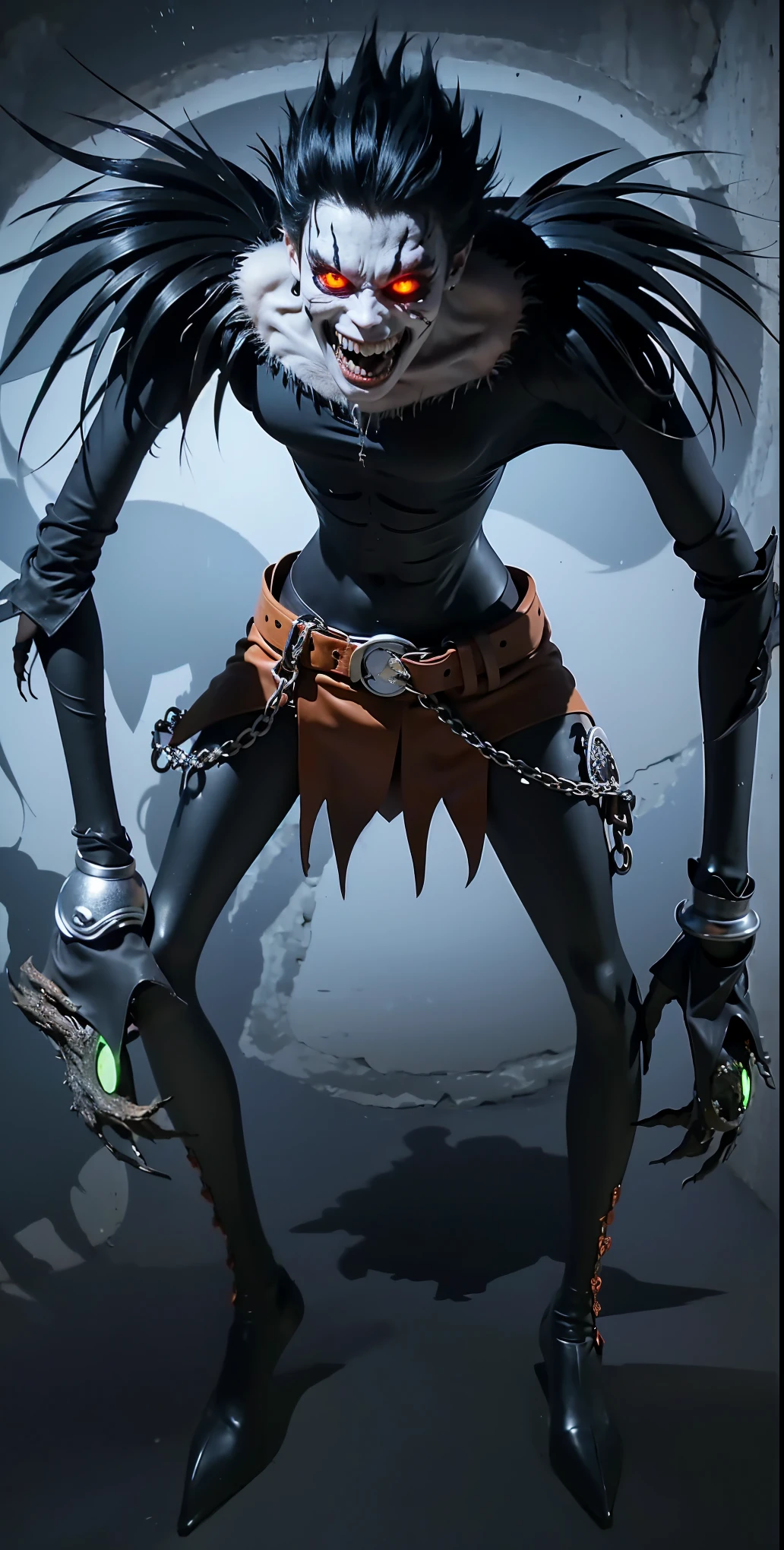 1monster,scary face,demon,solo,realistic,8k,highres,monster,ryuk death note,red and orange eyes,black outfit,ultra detailed,standing