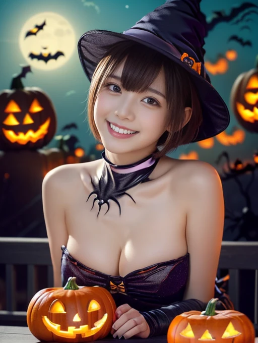 (table top,a 25 years old girl, detailed cutie face, beautiful balanced clear detailed eyes, detailed dropped eyes, ultra big smile, extremely detailed face,ultra slender body,short hair,anime style, (halloween costume):2.0), Highres fix,colorful lights, pumpkin decorations, haunted house, best quality, 4k, highres, masterpiece, realistic, photorealistic, photo-realistic, vivid colors, intricate details, fantasy, soft lighting, magical