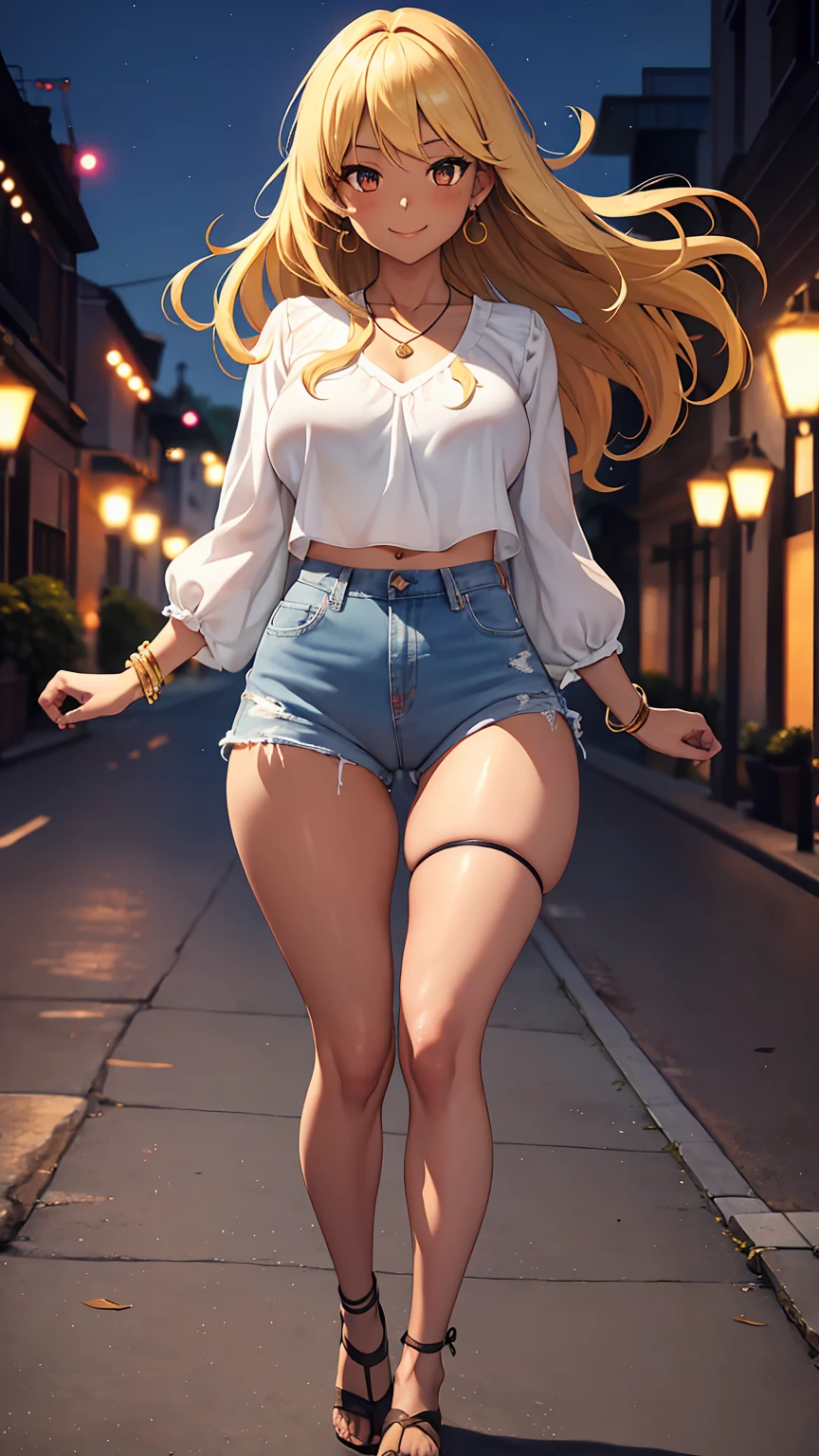 1girl, anime girl, anime, (dark skin), 2d girl, 18y, (fullbody), standing, anime girl, pensive, (blonde hair), ((black blouse)), Solo, Slim, large breasts, big , big Breasts, Tight Shorts, low waist shorts, upshorts, skyscrapers background, modern city, looking at viewer, darker shadows, (((Wedgie))), (((explicit))), (((shorts))), (((absurdres))), (((thigh gap))), (((cameltoe))), (((cleft of venus))), (((lowleg shorts))), (((innie pussy))), (((inniepussy))), (((innie_pussy)))