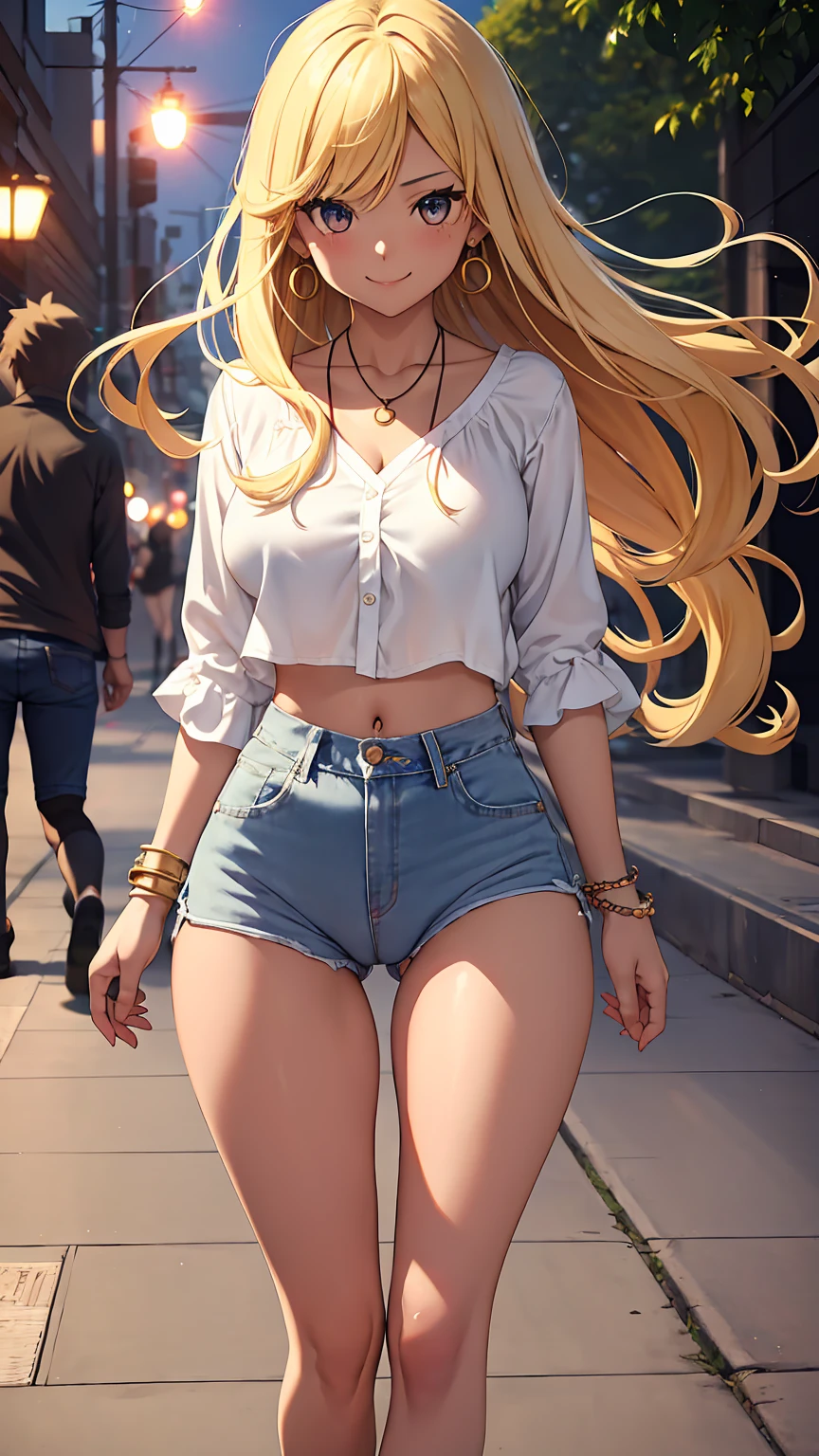 1girl, anime girl, anime, (dark skin), stylish girl, bracelet, necklace, earrings, 2d girl, 18y, (fullbody), standing, anime girl, seductive smile, (blonde hair), flowing hair, hair flowing in the wind, ((white blouse)), Solo, Slim, Big Breasts, Tight Shorts, low waist shorts, upshorts, outdoors, night background, flowers, looking at viewer, darker shadows, (((Wedgie))), (((explicit))), (((explicit))), (((shorts))), (((absurdres))), (((thigh gap))), (((cameltoe))), (((lowleg shorts))), (((Detailed description vagina)))