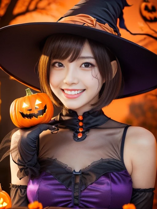 (table top,a 25 years old girl, detailed cutie face, beautiful balanced clear detailed eyes, detailed dropped eyes, ultra big smile, extremely detailed face,ultra slender body,short hair,anime style, (halloween costume):2.0), Highres fix,colorful lights, pumpkin decorations, haunted house, best quality, 4k, highres, masterpiece, realistic, photorealistic, photo-realistic, vivid colors, intricate details, fantasy, soft lighting, magical hat