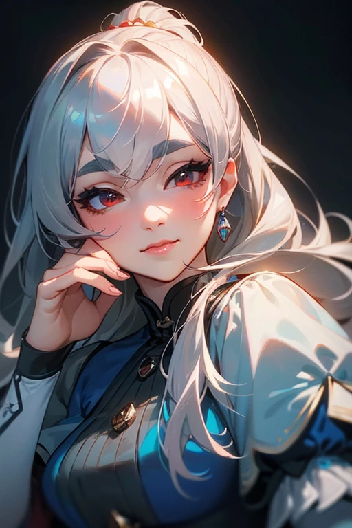 (Highest quality, masterpiece:1.2), ((Kiss with your eyes closed)).High resolution, 最高masterpiece、Very detailed, Realistic:1.37, Fantasy, An illustration,Gray Hair、 Red eyes、Queen, Navy and blue dress、beautifully、Eyeshadow Red、Thick eyebrows、Long eyelashes、pupils are black、shiny on the lips、Top Sites、Queen、Princess、A kind smile、Soft impression、people々Loved by、Slimming the face、Shoulder Bare、ponytail、Kissing Face、Long white hair、Shaggy Bangs、(Save face image).Cinderella Castle、(一peopleで).((目を閉じてKissing Face)).((一peopleで)).