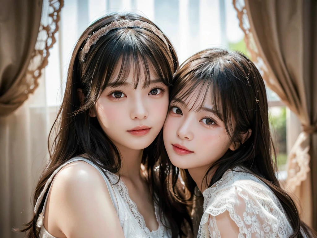 Two beautiful girls,Cheek to cheek,Embrace each other,(Highest quality,masterpiece:1.3,超High resolution),(Very detailed,Caustics,8k),(Realistic:1.4,RAW shooting),Super detailed, 超High resolution,, Rembrandt Lighting,Ray Tracing,Detailed skin texture, Two Girls,18-year-old,Japanese,黒いLong Hair,耳前にLong Hair, (Long Hair:1.2), (Wavy Hair:1.2), (鈍いbangs:1.2), Chest-up shot,Ultra high definition 8K,Highest quality,Very detailedな,masterpiece,Realistic,Rich details,Photographic realism,Very detailedな環境,Very detailedな照明,Very detailedな詳細,,Detailed skin texture,Scattered under the surface,(blush:0.5),Photographic works,A slightly sad expression,Beautiful, shining lips, Detailed face、 bangs, Hair between the eyes, (Tangled in lace curtains:1.5),Looking into the camera,Top view angle,,Natural light, masterpiece, Highest quality, High resolution, ,(Face Focus:1.1),(Face close-up:1.1),Sunset