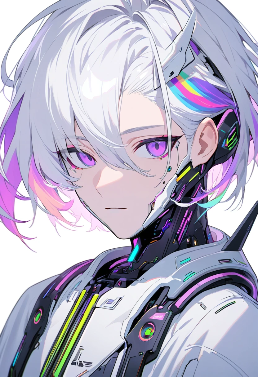 Frontal portrait,Handsome, Solitary, 1 male, Medium Length Hair, White hair, Rainbow hair, Purple Eyes, White clothes, Futuristic, Cyberpunk, Cybernetic, neon,White background