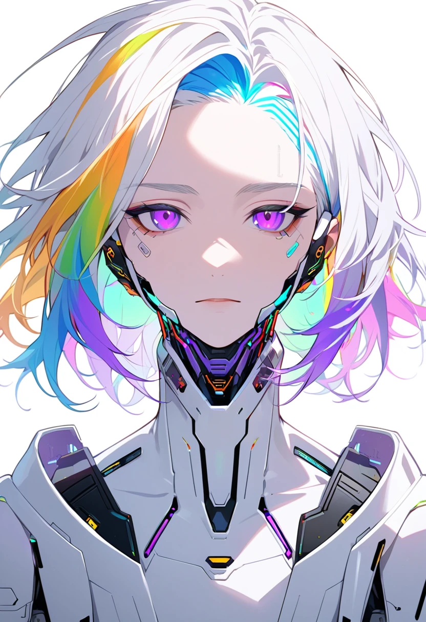Frontal portrait，Handsome, Solitary, 1 male, Medium Length Hair, White hair, Rainbow hair, Purple Eyes, White clothes, Futuristic, Cyberpunk, Cybernetic, neon,White background