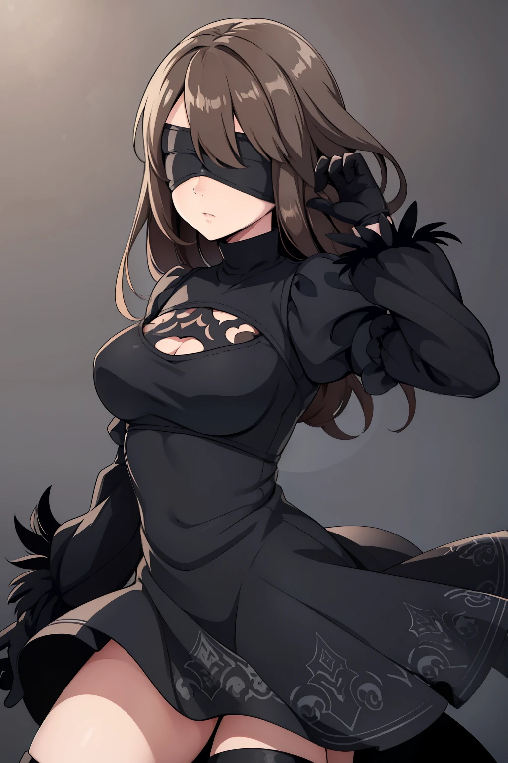 (high-quality, breathtaking),(expressive eyes, perfect face) portrait, Symmetrical Eyes, nier_artstyle, 1girl, masked, dark black brown hair, long hair, stylized hairstyle, black boots, black short, black gloves, sword, black shirt, black dress, short dress, black gloves, feather trim, juliet sleeves, puffy sleeves, blindfold
