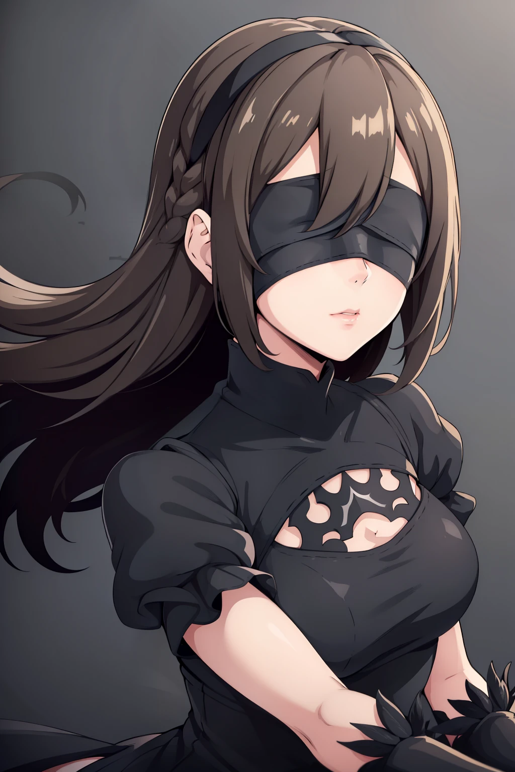 (high-quality, breathtaking),(expressive eyes, perfect face) portrait, Symmetrical Eyes, nier_artstyle, 1girl, masked, dark black brown hair, long hair, stylized hairstyle, black boots, black short, black gloves, sword, black shirt, black dress, short dress, black gloves, feather trim, juliet sleeves, puffy sleeves, blindfold
