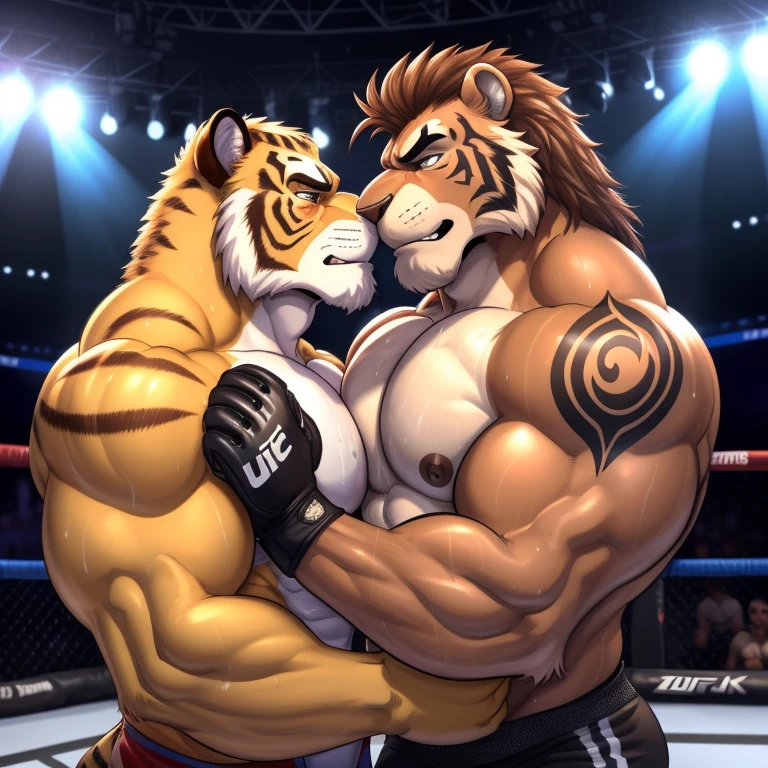 Duo male(Brown Lion with mane vs White Tiger, handsomes, handsome hairstyle, Thick eyebrows, detailed face), gay(cuddling embraced, kissing each other, on a UFC match), hot(Shirtless), handsomes(They are handsomes, correct anatomy), musculosos(Big muscle bodies, Six packs, muscle abs, big pecs), sweaty(very sweaty wet bodies, shiny sweat), tatuajes(they have tattoos), grumpy(Both have an grumpy expression, grumpy teeths, steaming breath), UFC gloves(They both are wearing UFC gloves), Hight resolution, by(Zourik:1.1)