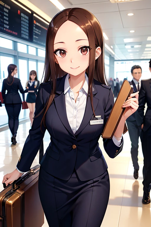 


Flight attendant in uniform walking through the airport with suitcase and handbag、Flight Attendant Uniform:1.5、Perfect Style、sexy、Takagi-san、Shiny brown hair, Long Hair,((Medium chest、Forehead、Center part))、 Beautiful brown eyes、smile、Sparkling eyes, (fine grain)、Very fine eye、Highly detailed face, Highly detailed eyes, Cowboy Shot、 