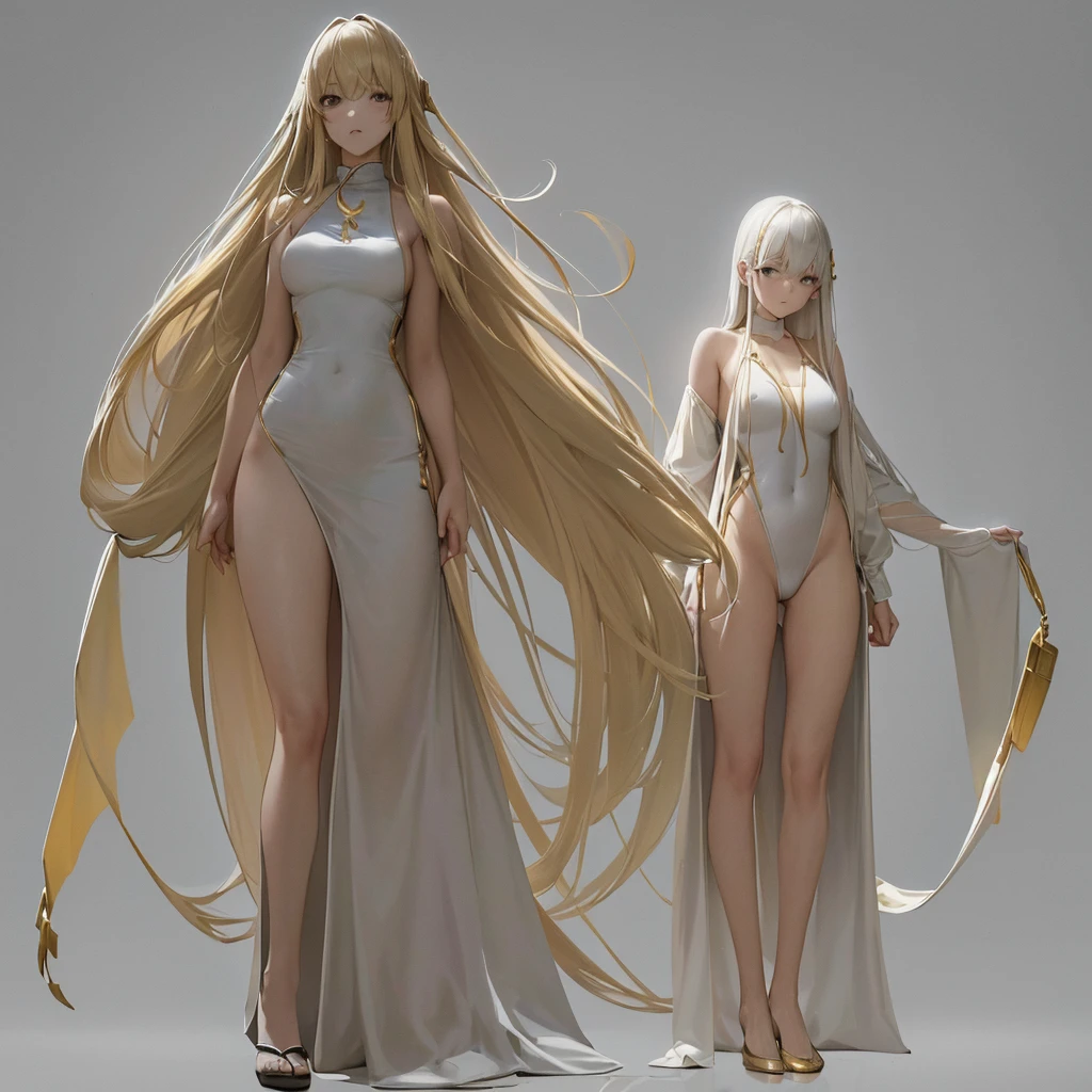 masterpiece, best quality,
monochrome, (((white background, simple background))), 1 Japanese girl, (((long hair, gold hair, middle breast, white one-piece dress, full body, standing))), looking at the camera