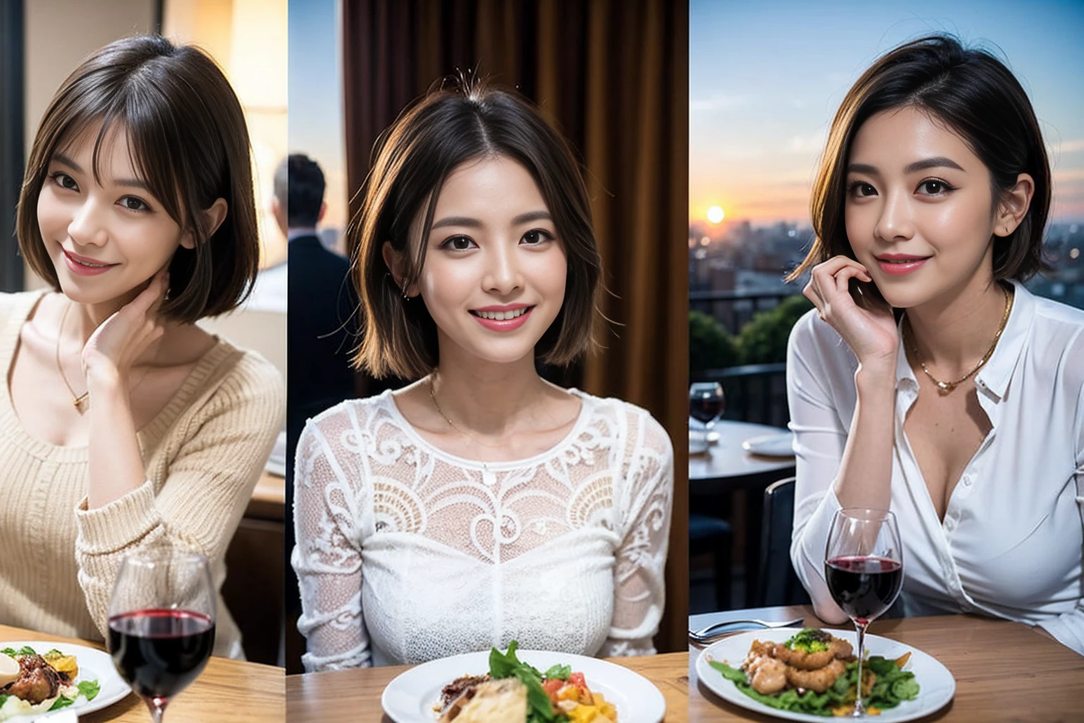 (Realistic:1.1),(masterpiece,Highest quality),8k,(56 years old), 53 years old, ベリーslimボディ、slimカップル、Tight waist,Upper Body,full-course dinner、wine 、Amazing view of the sunset sky and clouds、Perfect Anatomy, Brown Hair, short hair,Random Hairstyles,((Highly detailed face and eyes:1.2)),Perfect golden ratio face,Long sleeve shirt、dress,(smile:1.2)、Shortcuts、cute、(Realistic, Intricate details:1.2), A bright smile、short hair,Bright Face、赤wine 、Appetizers、Italian food、wine bottle、Champagne、スパークリングwine、(slimな顔), (The body is slim), (Brown Hair), (Shortcuts), Upper Body, 白wine, slim, wineグラス,