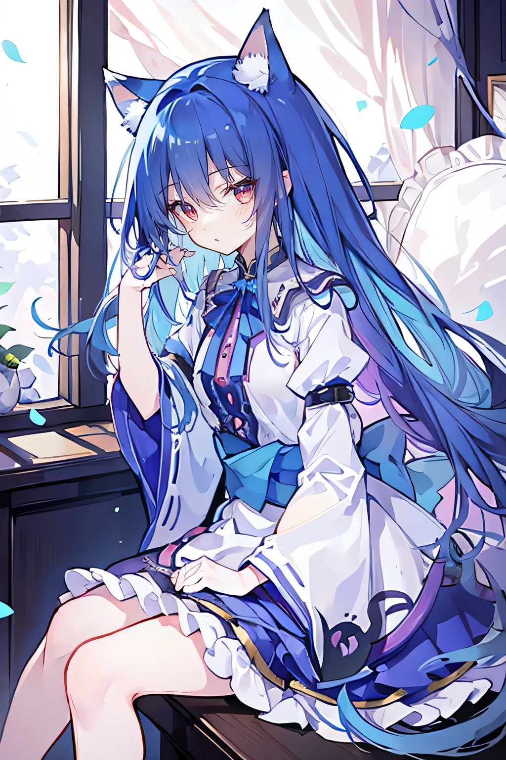 (Masterpiece:1.2)，Ultra-detailed，lifelike，The eyes are expressive，Fair skin，Perfect face shape，1 girl，Japanese Manga，Gorgeous blue hair，Flowing blue hair，Flowing clothes，Cat ears，Petals falling，Shy face，sitting on window，Place your hand on your lips，