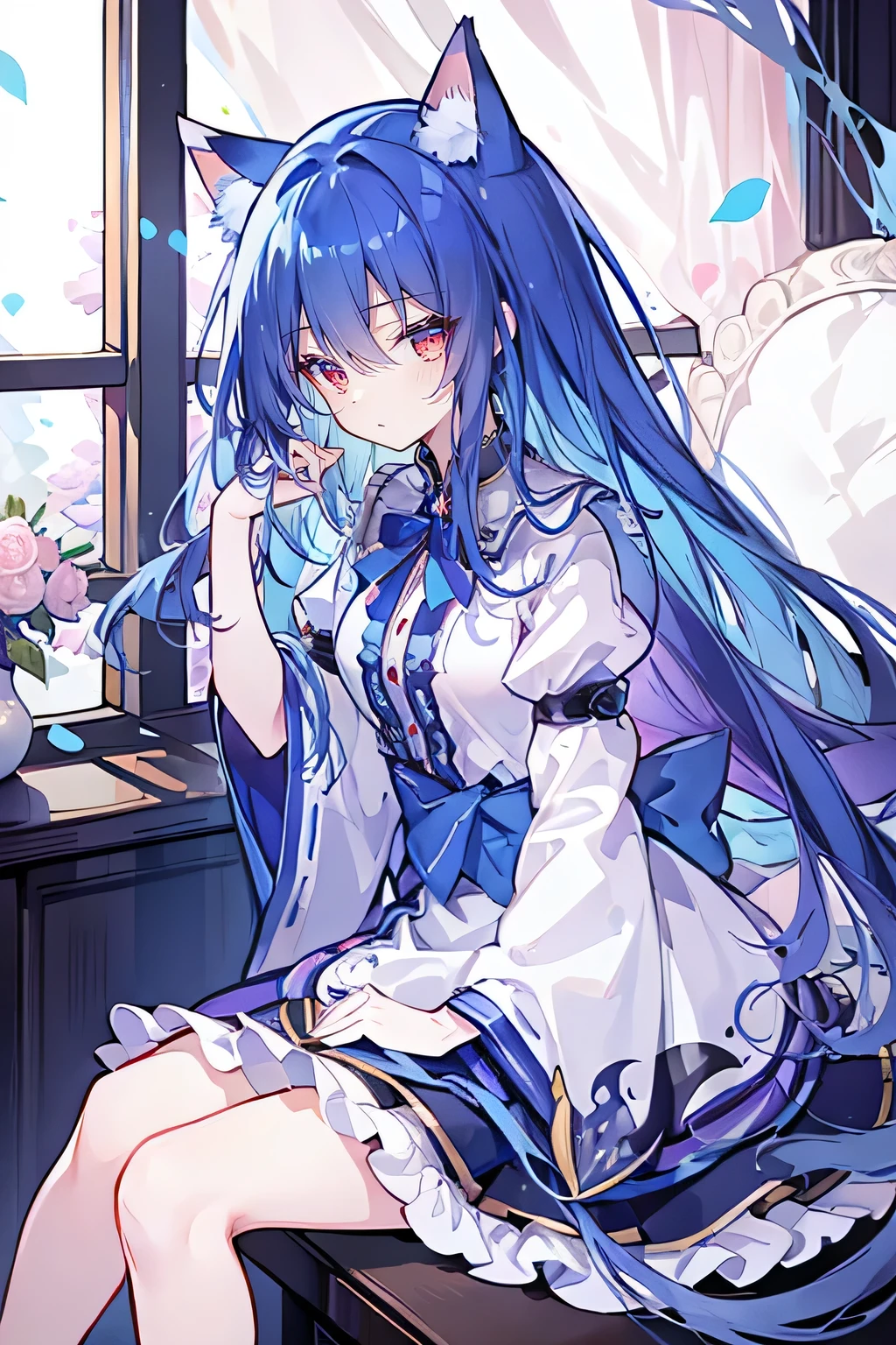 (Masterpiece:1.2),Ultra-detailed,lifelike,The eyes are expressive,Fair skin,Perfect face shape,1 girl,Japanese Manga,Gorgeous blue hair,Flowing blue hair,Flowing clothes,Cat ears,Petals falling,Shy face,sitting on window,Place your hand on your lips,