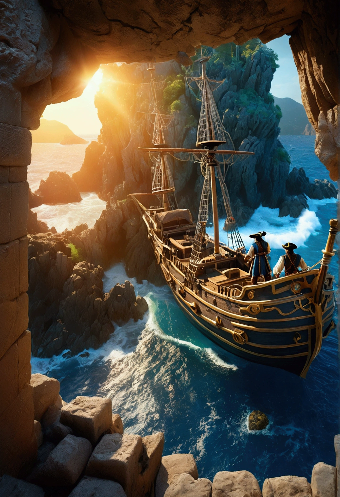 (Pirate War, Pirates in battle), Deep within an ancient, sea canyon, uncovers inscriptions hidden on the walls, revealing puzzles that resonate with a glow when solved, unlocking the melodies of the sea, captivating chiaroscuro, dynamic movement, full body, (special effects:0.1), award-winning, cinematic still, emotional, vignette, dynamic, vivid, (masterpiece, best quality, photorealistic, Professional, perfect composition, very aesthetic, absurdres, ultra-detailed, intricate details:1.3)
