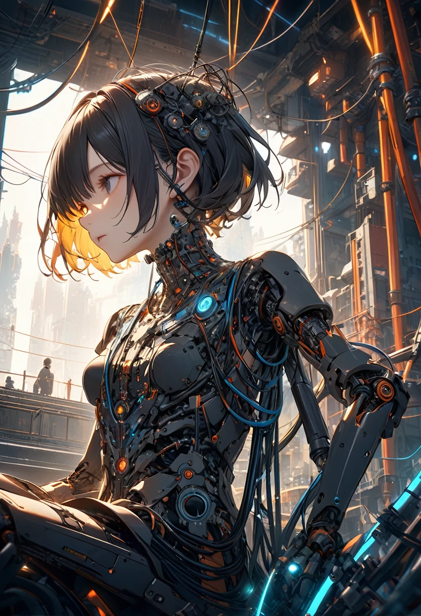 (((Master Parts))), (((Highest quality))), ((Ultra-detailed)), (Very detailed CG illustration), ((Very delicate and beautiful)),Cinematic Light,((1. Machine Girl)),alone,whole body,(Machine made joints:1.2),((Mechanical limb vessels connected to tubular vertebrae attached to the back),((Cervical vertebrae mechanically attached to the neck)),(Sitting),Expressionless,(Wires and cables around the neck:1.2),(Overhead wires and cables:1.2)(Focus on the characters),sf,Very detailed,colorful,Most detailed, Very detailed, Vibrant appearance, Creative Action, Very detailed, Imaginative, , Voluntary, Very high quality, Skin Texture, Intricate details, (Cinematic Lighting), RAW Photos, 8k, Master Parts,Highest quality,Ultra-detailed,Very detailedイラスト,Very detailed,Intricate details,High range,超Intricate details,Very detailed 8k cg wallpaper,