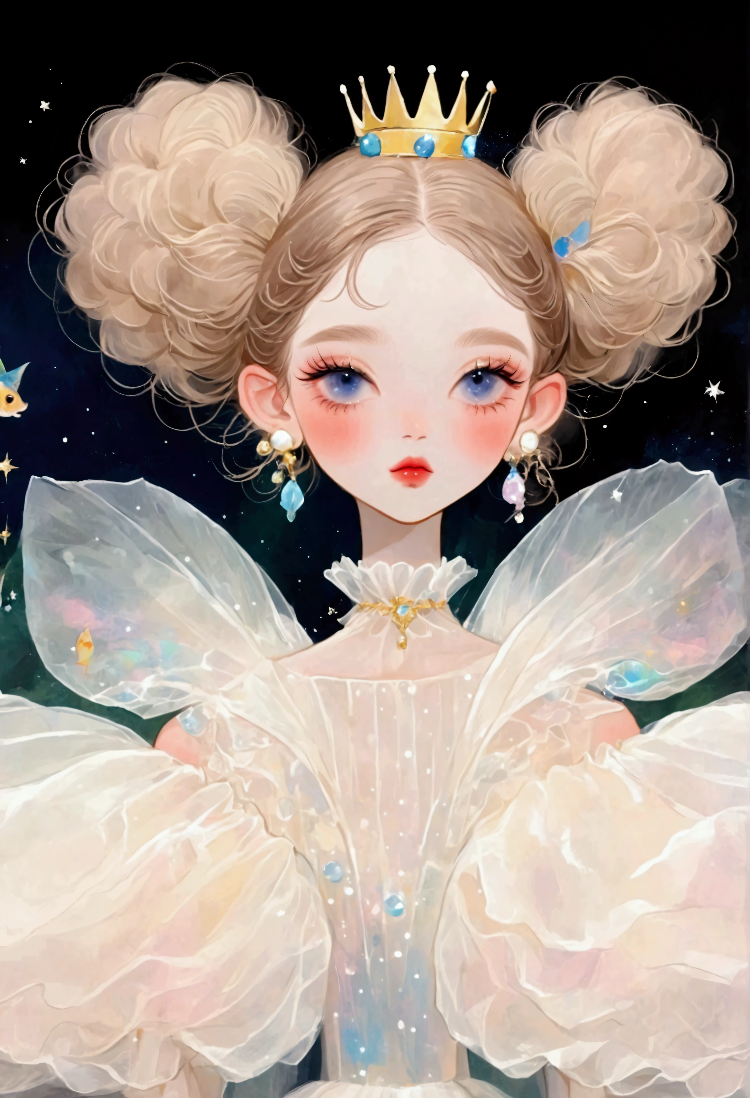 Pastel Art：1 beautiful and elegant girl，Elf ears，Golden crown，(((Puffy Tulle Dress，Exaggerated sleeves，Fluffy，Fluffy白色薄纱)))，Colorful fish，black background