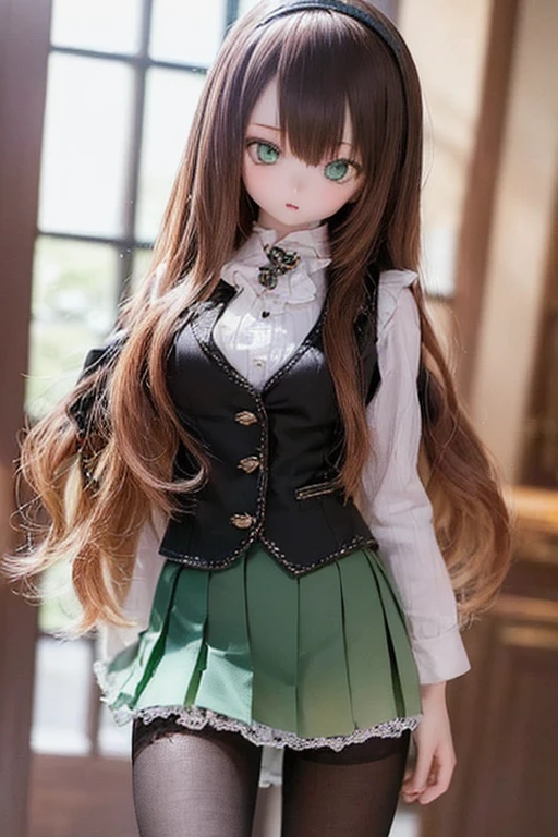 (SFW:2), photorealistic, realistic photo, 8k, ((highest quality)), ((masterpiece)), (extremely detailed), kukolnydom, doll, (mature woman, 21yo, 21 years old, solo:1.6), ((cowboy shot, standing, head tilt, slim, slender, skinny, medium breasts, hairband, ascot, vest, blouse, long puff sleeves, pleated skirt, black pantyhose)), (green eyes, brown hair, long hair, plastic skin, looking at another, glass eyes, gradient eyes, shining eyes, detailed eyes:1.3)