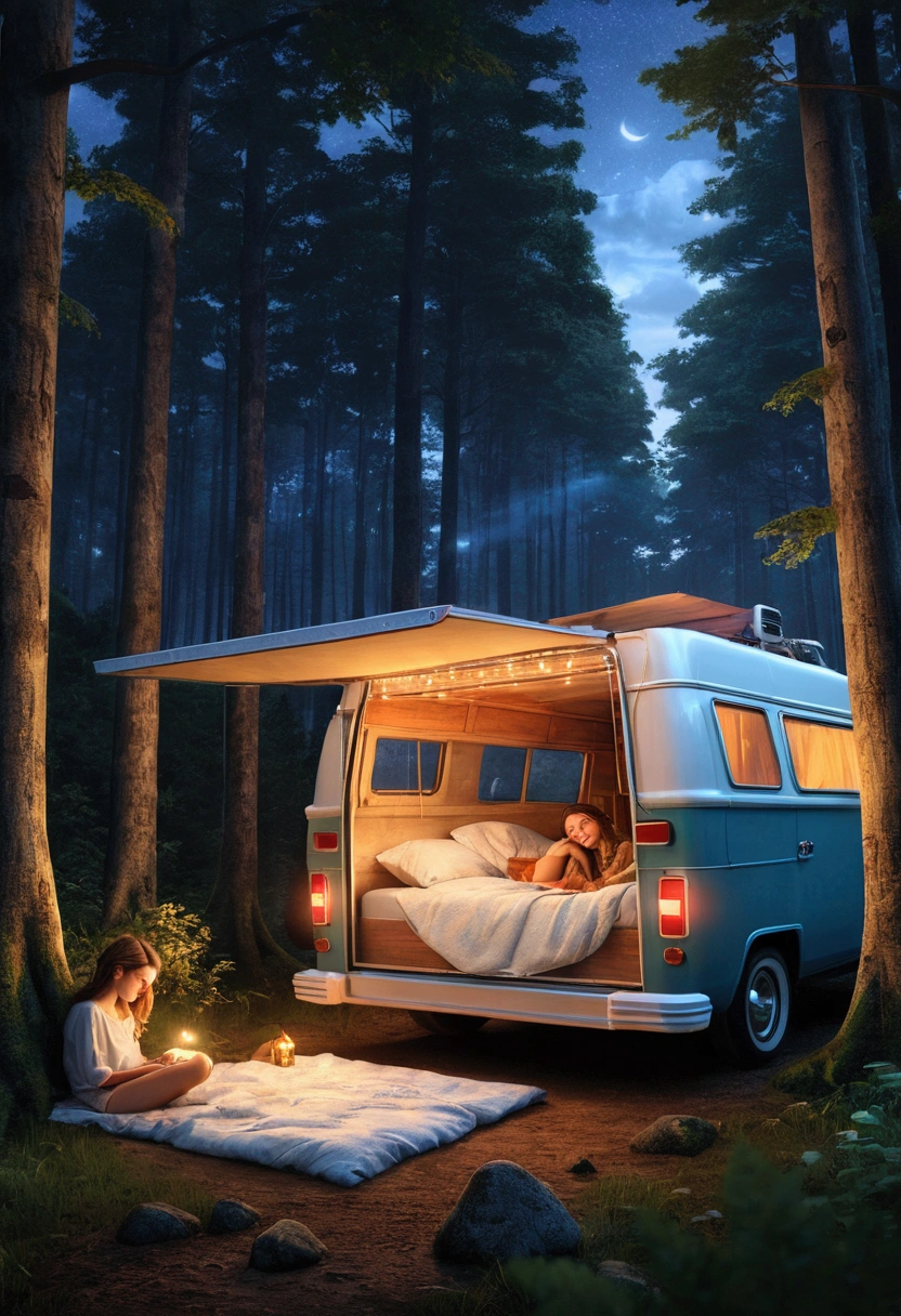 ((masterpiece)), ((best quality)), ((highres)), ((finely detail)), 1girl,priscilla the crossbreed, smile((best quality)), ((masterpiece)), (detailed), 1girl, a beautiful woman sleep in cozy campervan near door nestled in a peaceful forest, surrounded by tall trees and the soothing sounds of nature. The night glow illuminates the interior, inviting you to curl up in the comfortable bed and drift off into a peaceful sleep realistic women sleeping rain, night