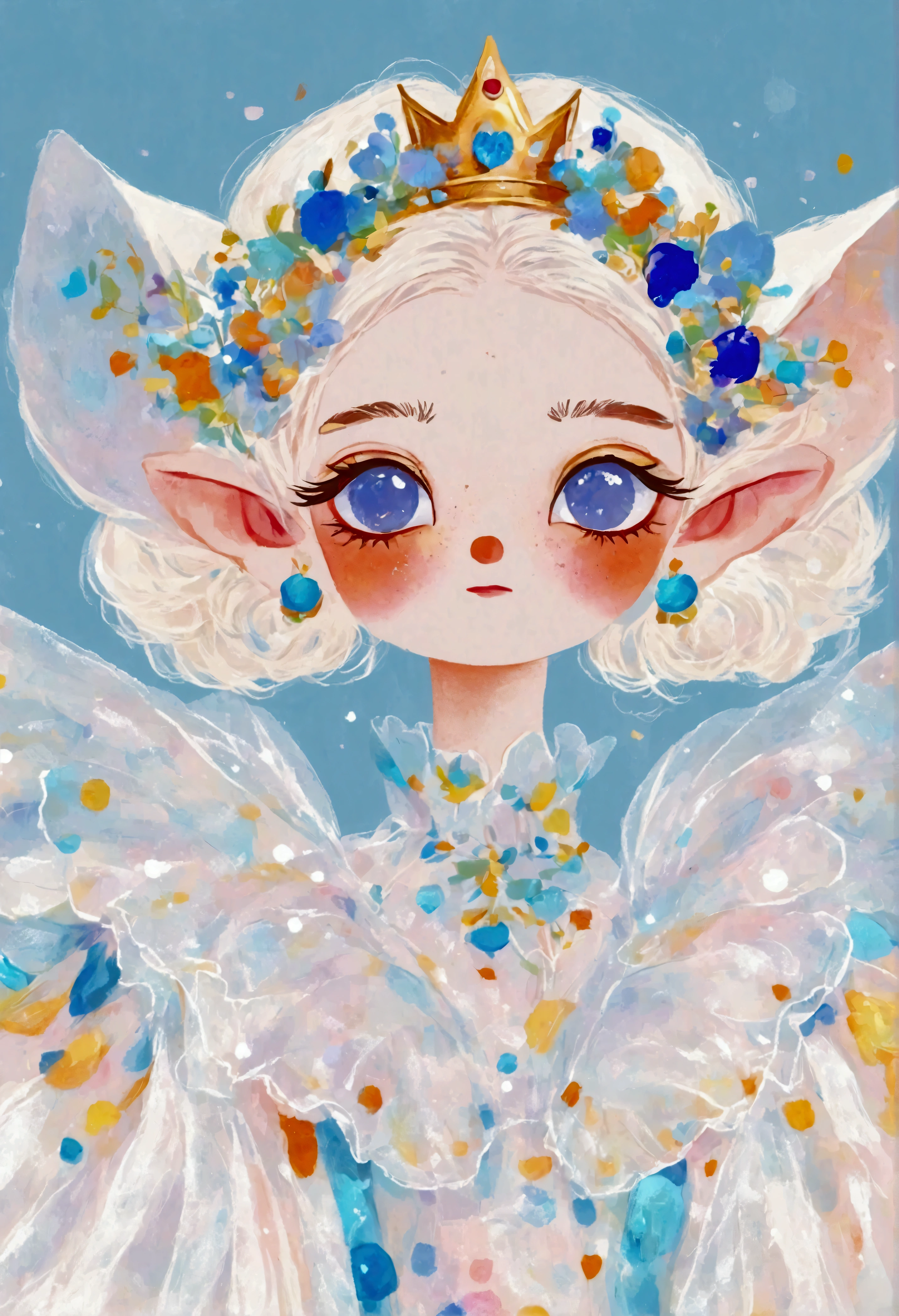 Pastel Art:1 beautiful and elegant girl,Elf ears,Golden crown,Puffy Tulle Dress,Exaggerated sleeves,Fluffy,FluffyWhite薄纱,White+blue+orange color