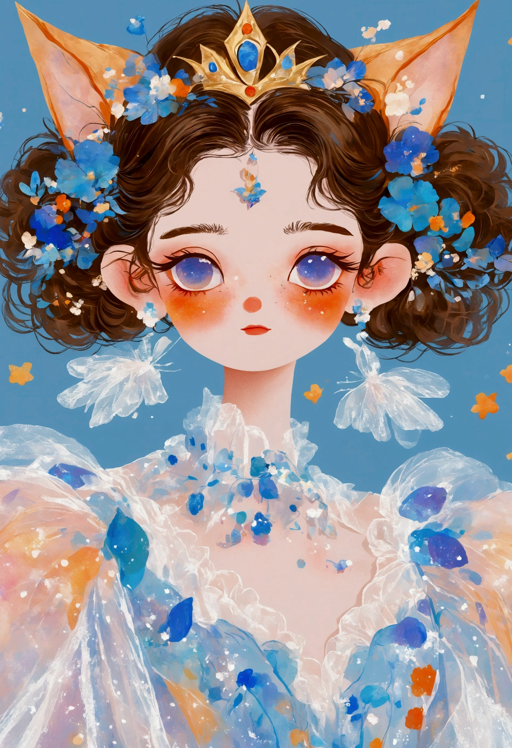 Pastel Art：1 beautiful and elegant girl，Elf ears，Golden crown，Puffy Tulle Dress，Exaggerated sleeves，Fluffy，FluffyWhite薄纱，White+blue+orange color