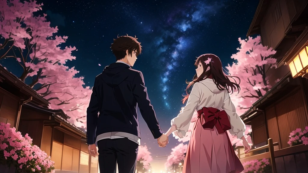 Anime couple holding hands under the starry sky with pink flowers, Kyoto Animation key visual, Guweiz and Makoto Shinkai, makoto shinkai and bioware, Kimi No Na Wa, sakimichan and makoto shinkai, fiona staples and makoto shinkai, Visual novel key visual, Official Art, Kyoto Animation anime key visual, anime key art