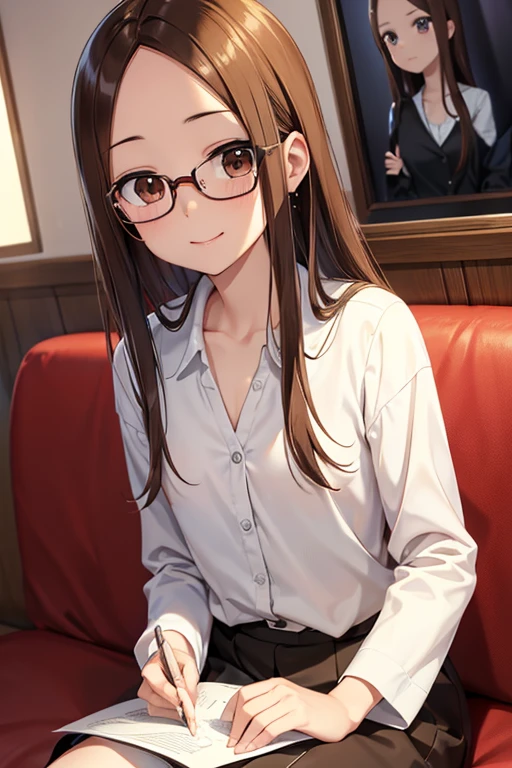 Highest quality, masterpiece, High resolution, alone, {full moon_Fleet Collection:1.15}, Long Hair, Brown Hair, Glasses, brown_eye, red-framed_Glasses, semi-rimless_Glasses, Crescent Moon, black_Seraphim, blush, Under Rim_Glasses, One girl, Closed_eye, Open_mouth, School_uniform, (indoor, office, living room), , blackスカート, smile, (Petite)