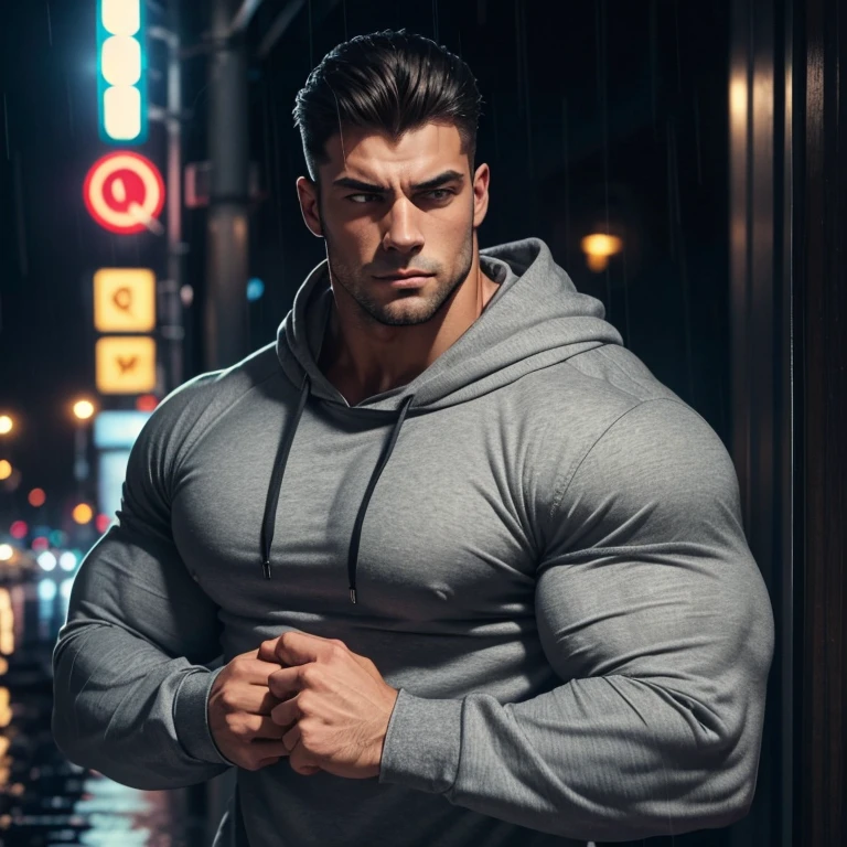 a young and very handsome, sad, massively muscular man, with massively large muscles, with massively large biceps, with massively large arms, wearing a simple gray sweatshirt with long sleeves, in a rainy city at night, seen up close