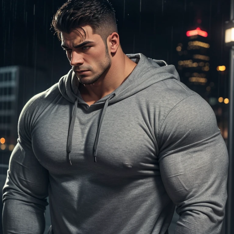 a young and very handsome, sad, massively muscular man, with massively large muscles, with massively large biceps, with massively large arms, wearing a simple gray sweatshirt with long sleeves, in a rainy city at night, seen up close