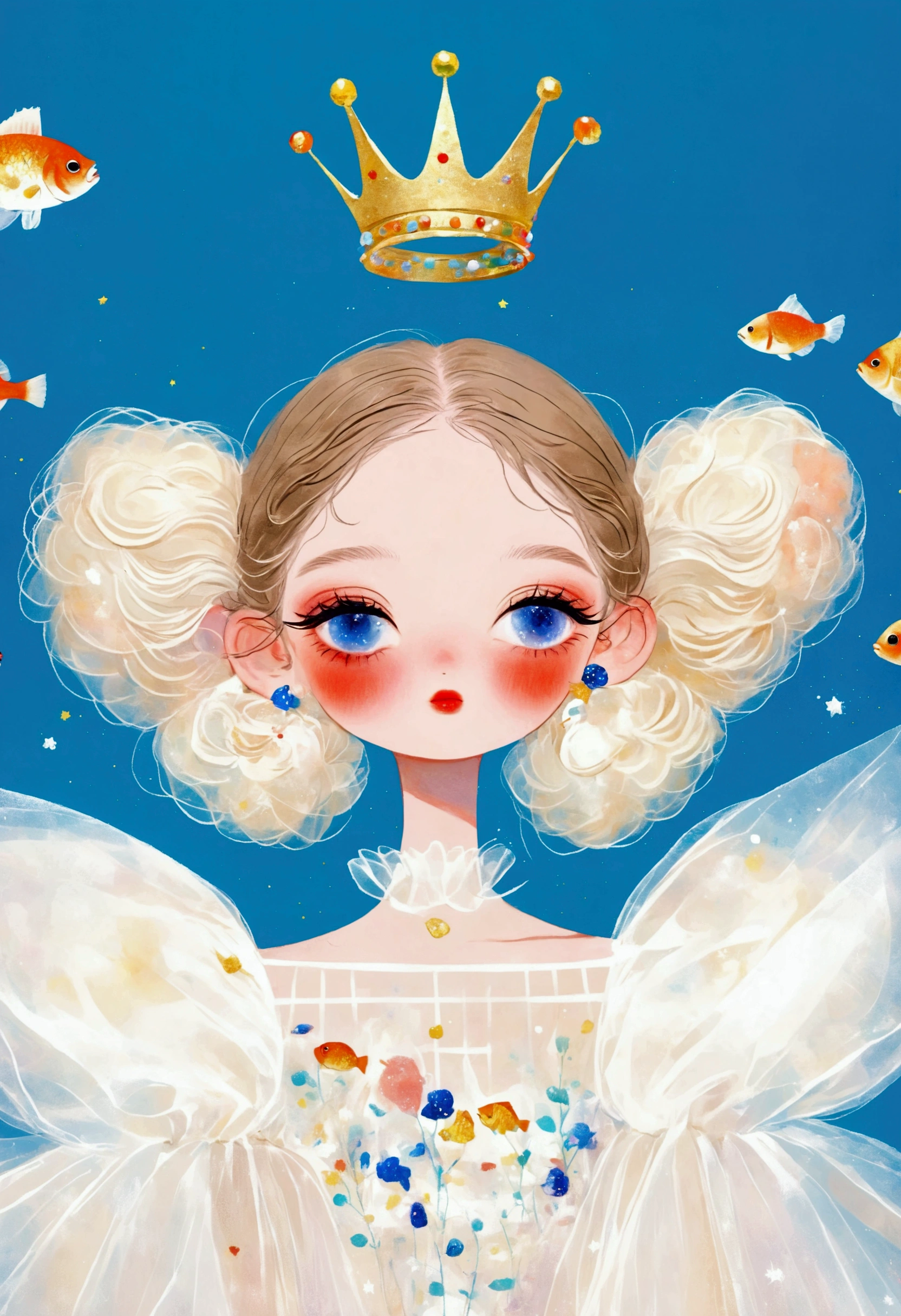 Pastel Art：1 beautiful and elegant girl，Elf ears，Golden crown，(((Puffy Tulle Dress，Exaggerated sleeves，Fluffy，FluffyWhite薄纱)))，Colorful fish，White+blue+orange color