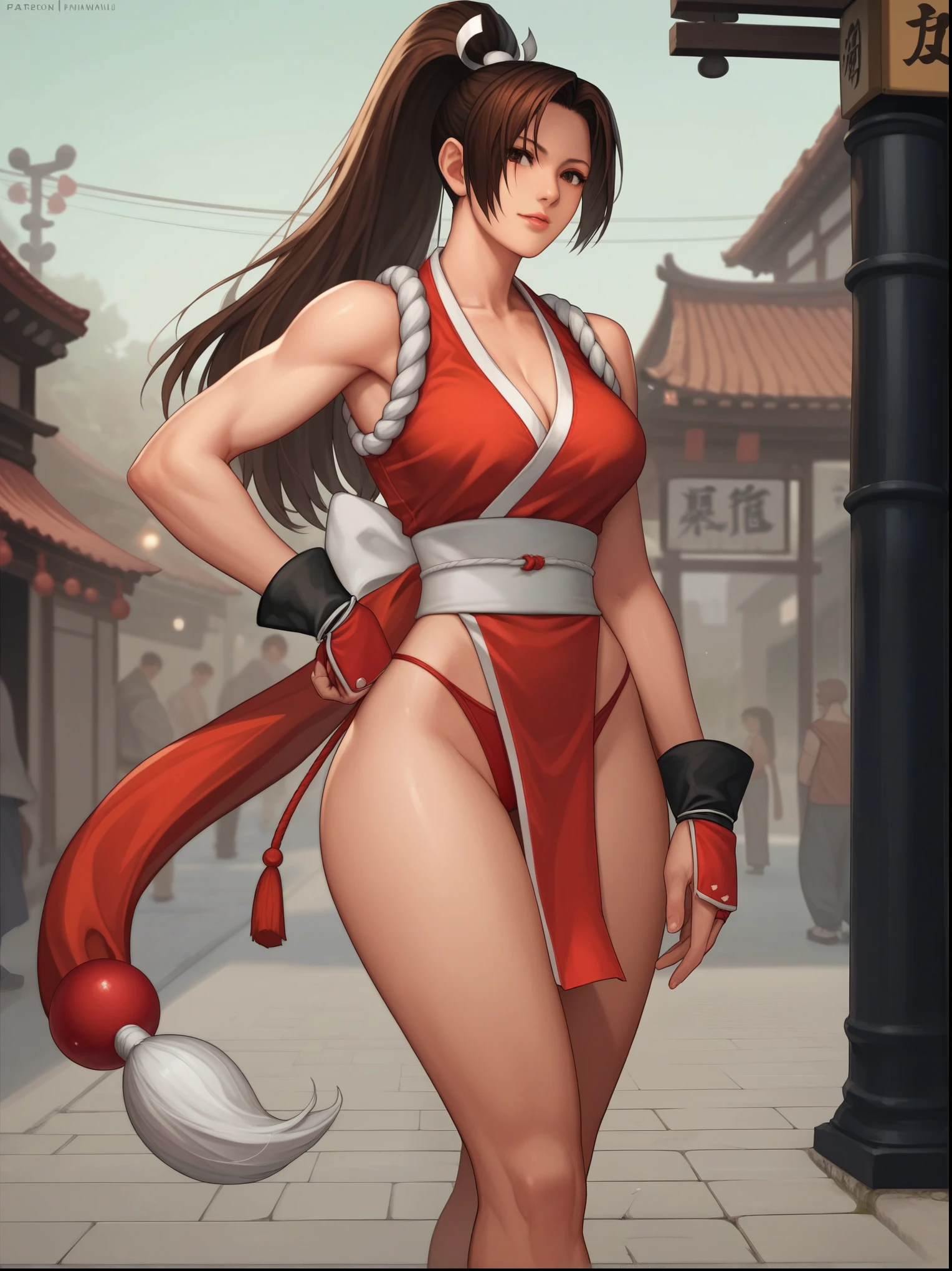 shiranui_mai, the_king_of_fighters, standing BREAK score_9, score_8_up, score_7_up, score_6_up, score_5_up, score_4_up, red panty, (((old street background)))