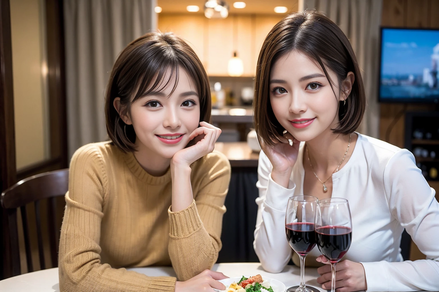 (Realistic:1.1),(masterpiece,Highest quality),8k,(56 years old), 53 years old, ベリーslimボディ、slimカップル、Tight waist,Upper Body,full-course dinner、wine 、Amazing view of the sunset sky and clouds、Perfect Anatomy, Brown Hair, short hair,Random Hairstyles,((Highly detailed face and eyes:1.2)),Perfect golden ratio face,Long sleeve shirt、dress,(smile:1.2)、Shortcuts、cute、(Realistic, Intricate details:1.2), A bright smile、short hair,Bright Face、赤wine 、Appetizers、Italian food、wine bottle、Champagne、スパークリングwine、(slimな顔), (The body is slim), (Brown Hair), (Shortcuts), Upper Body, 白wine, slim, wineグラス,