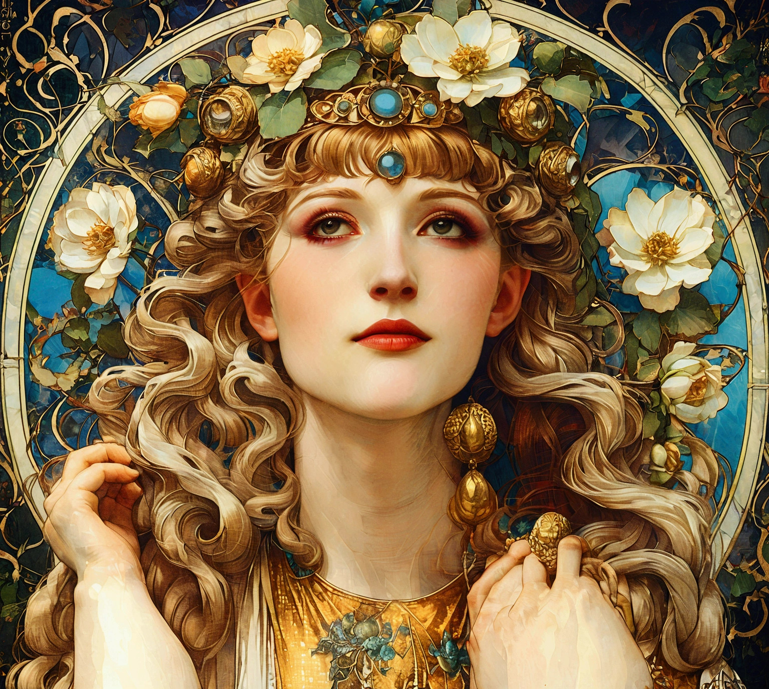 European woman portrait, Waist, Long flowing hair, Blonde, Oil painting, Model imposing, flower frame, decorative panel, abstraction, directed by: Alphonse Mucha (Main part, extremely high quality, High resolution: 1.4), detailed, intricate details, splash of color, Line art, Fibonacci, Wear underwear, atmospheric perspective, Art Nouveau, 4k