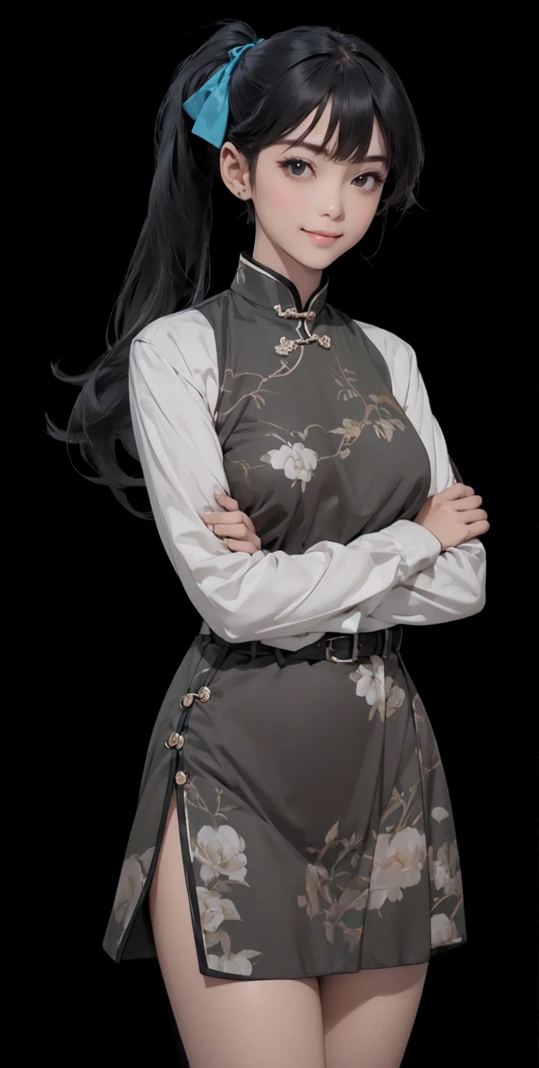 Shine brightly,masterpiece,A 27-year-old girl,medium eyes,Phoenix Eyes,Mature,Top quality,Best quality,1 girl,Smile,happy,solo,Cross your arms,dress,White background,Black hair,Long hair,Looking at the audience,Simple background,China costume,Long sleeve,Chest,中国dress,发bow,Cowboy lens,bow,侧Ponytail,分开的Lips,printing,Bangs,Ponytail,Blue bow,Standing,Lips,Side seams,Medium bust,白色shirt,shirt,belt,black eyes,