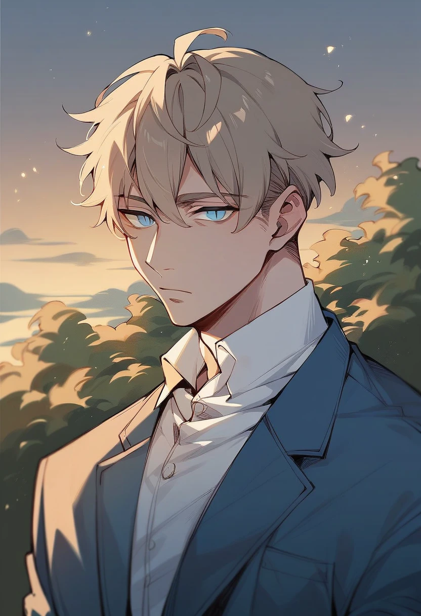 Mature Adult Anime Male Character,university student,Slit eyes,Light grey-brown hair,Short Hair,Light blue eyes,alone,One person,evening,pale colour,Bright library,Shyness,Looks lonely,love,No eyelashes