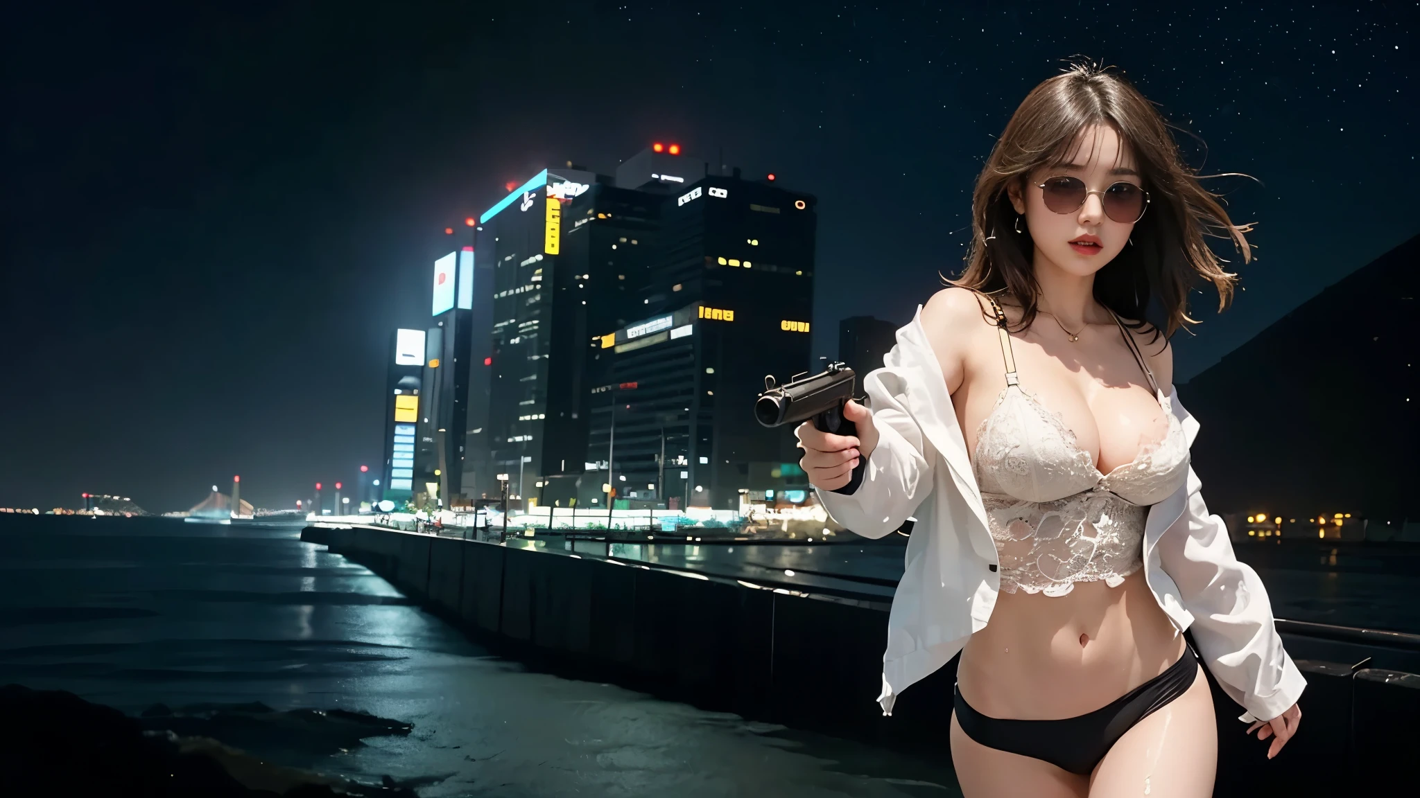 Raw photography, 4K, masterpiece, hight resolution, very intricate, Photorealsitic:1.4, Cinematic Lighting, at night, (1Girl, solo), solofocus, Wet, full body Esbian, large breasts cleavage:1.2, Slim waist, masterpiece:1.2, Hair disheveled, aerial view of cyberpunk city, Expressive Hues, Vibrant Palette, (matrix style micro sunglasses), ((aiming with a short:1.1 gun)).