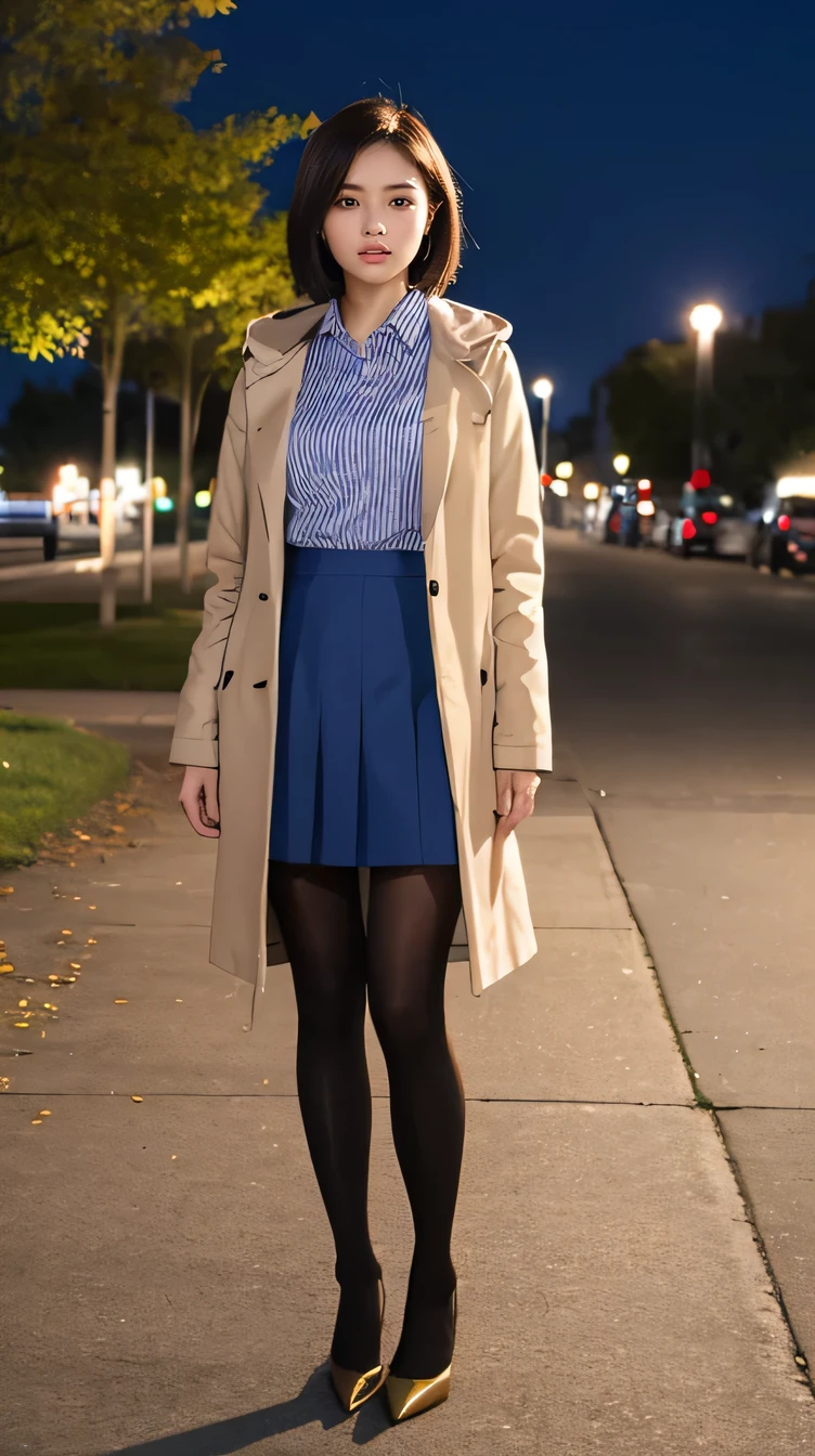 high quality,16K:1.1),(Written boundary depth:1.3) ,Full body photo、smile、Standing woman、smile、short hair、Wearing a coat、shirt、Knee-length skirt、tights、pumps、View your audience:1.3),(Full Body Shot:1.2),The background is a park at night