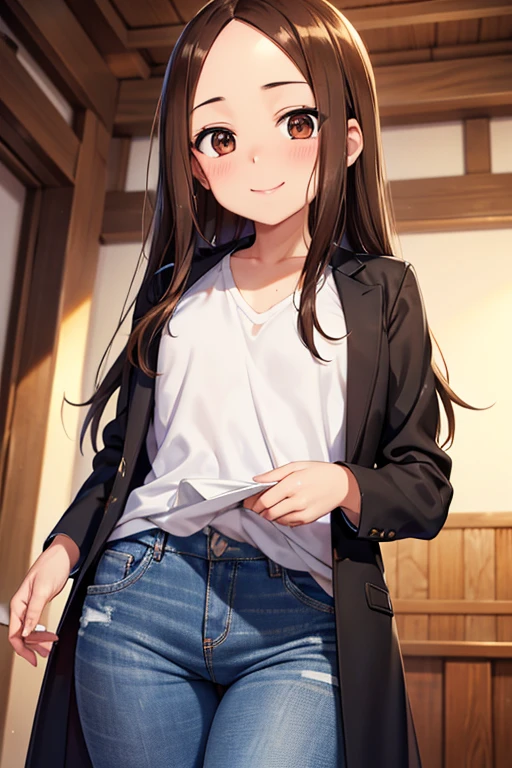 Takagi-san、Shiny brown hair, Long Hair,((Medium chest、Forehead、Center part))、 Beautiful brown eyes、smile、Sparkling eyes, (fine grain)、Very fine eye、Highly detailed face, Highly detailed eyes, Cowboy Shot、
(high quality, High resolution, The finer details),
break (Black long coat), break (White shirt, Denim pants), Stylish decorations, alone, Curvy Women, , smile, blush, Sweat, Oily skin, Shallow depth of field