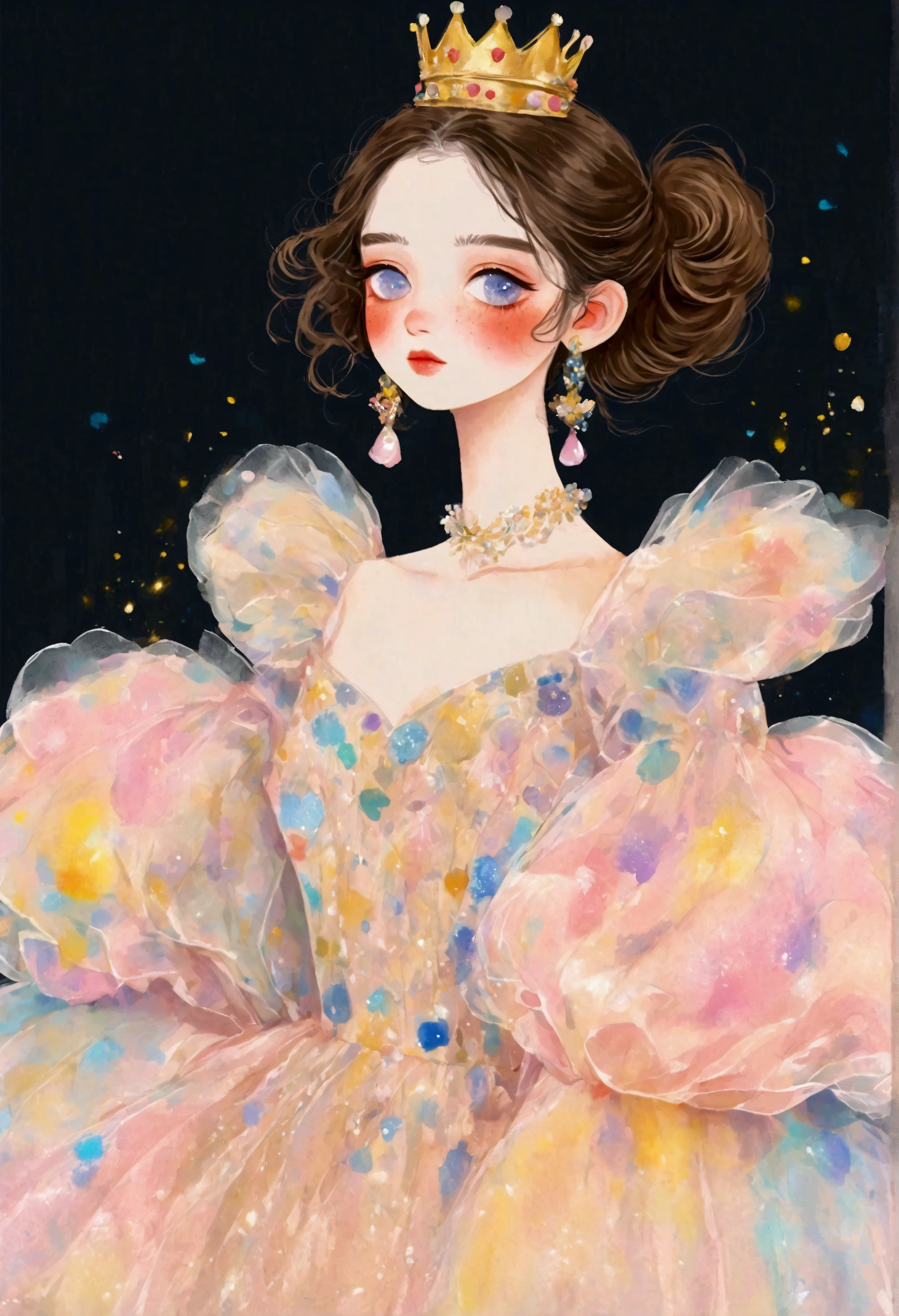 Pastel Art：1 beautiful and elegant girl，Golden crown，Puffy Tulle Dress，Exaggerated sleeves，Fluffy，Fluffy白色薄纱，Dark background